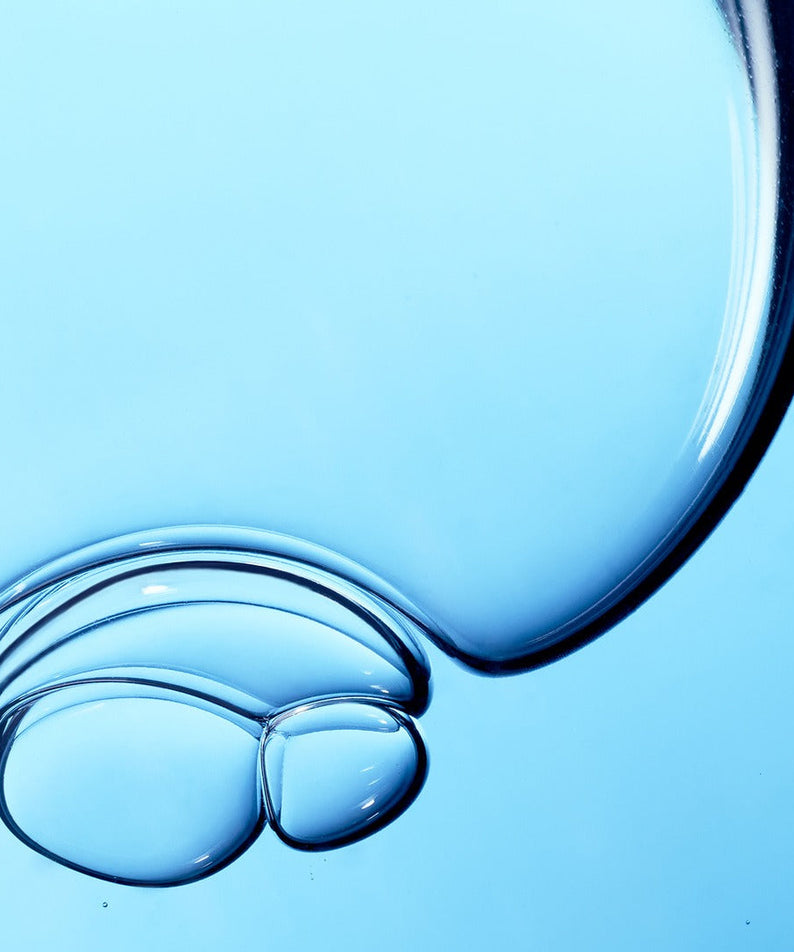 WHAMISA Organic Algae Fermented Body Cleanser 490ml texture, bulles de gel nettoyant organique, fond bleu apaisant.