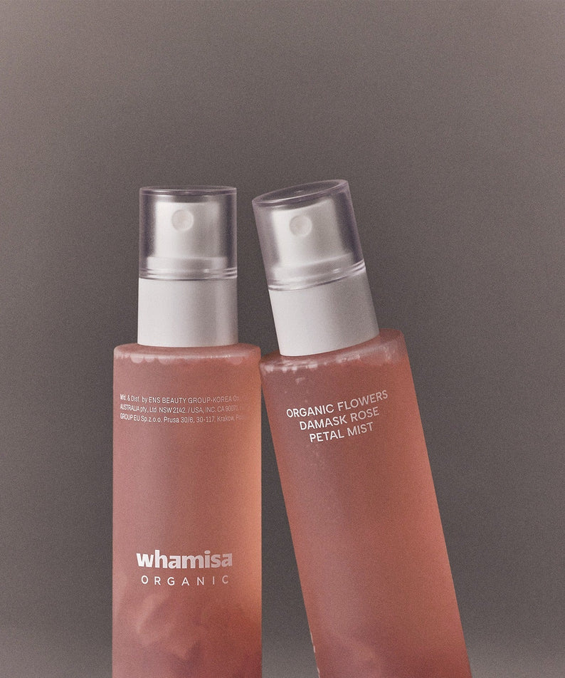 WHAMISA Organic Flower Fermented Rose Petal Mist 100ml, brume faciale aux pétales de rose fermentés, soins de beauté bio.