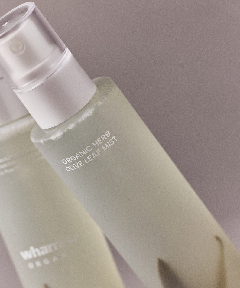 WHAMISA Organic Herb Fermented Olive Leaf Mist 100ml en bouteille de 100ml, produit bio pour soin de la peau.