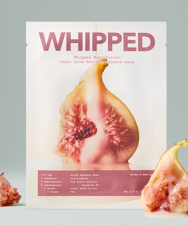 WHIPPED Butter Vegan Glow Barrier Squeeze Mask 1ea : packaging et figue en contexte beauté, marque WHIPPED, vegan.