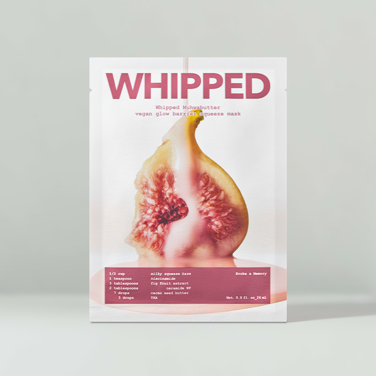 WHIPPED Butter Vegan Glow Barrier Squeeze Mask 1ea, emballage sur fond clair; peau figue illustrée, produit WHIPPED.