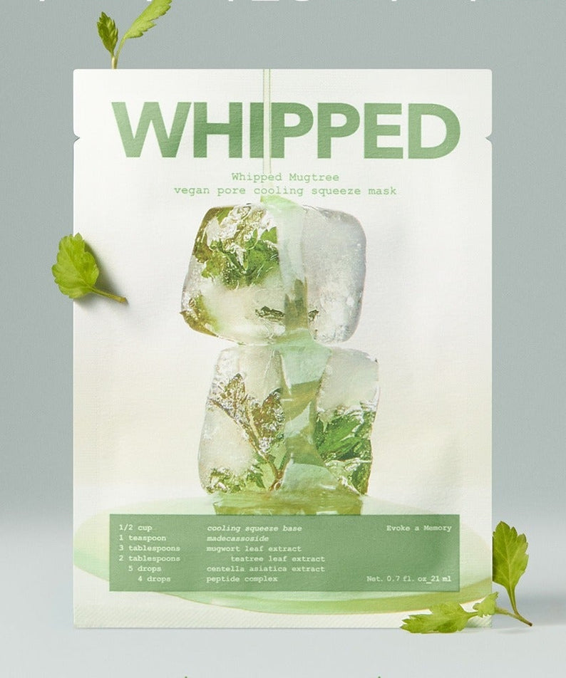 WHIPPED Mugtree Vegan Pore Cooling Squeeze Mask 1ea : packaging vert avec plantes, masque appliqué, visuel produit sur fond clair.