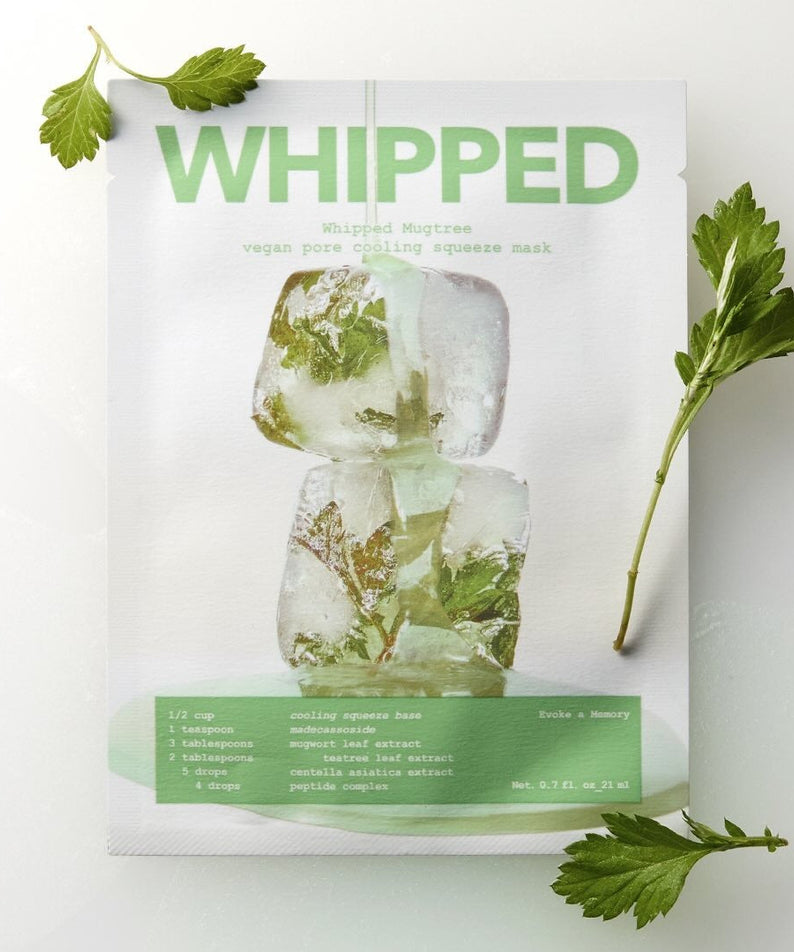 WHIPPED Mugtree Vegan Pore Cooling Squeeze Mask 1ea, pack de masque vert sur fond blanc avec feuilles décoratives.
