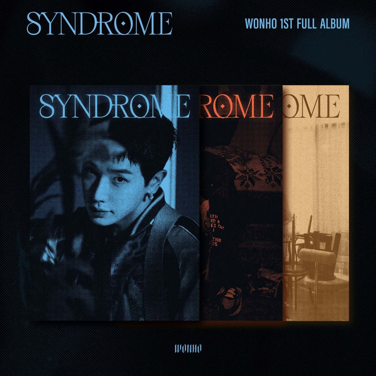 WONHO - [SYNDROME] (Random 1 of 3) - Album Kpop : pochette sombre WONHO, visuels “SYNDROME” sur fond bleu