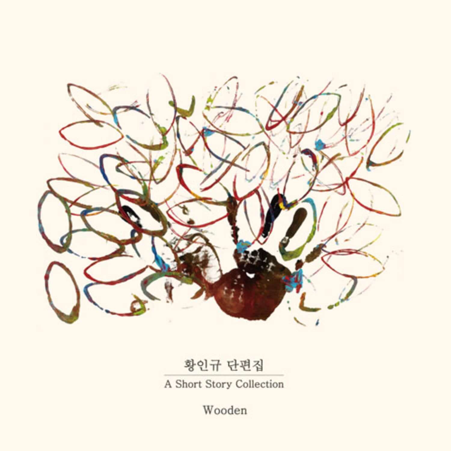 WOODE N - Album Kpop : cover de l’album WOODEN, graffiti abstrait, ambiance mature, fond beige, titre “A Short Story Collection”.