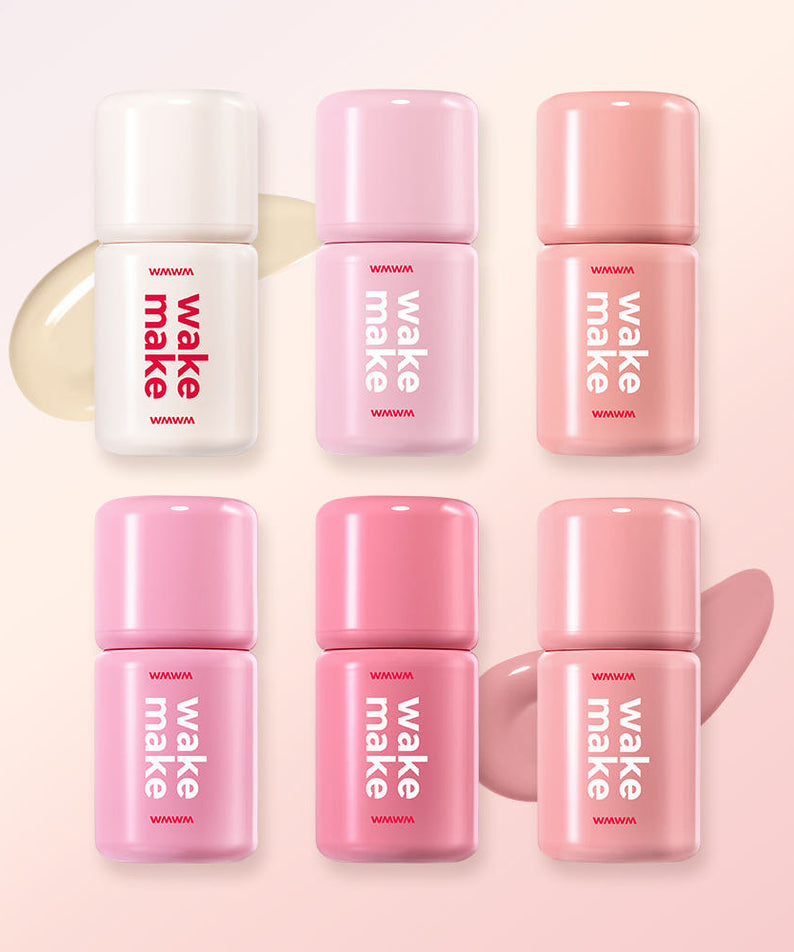Collection de WAKE MAKE Shaking Blur Cheek 4g en différentes nuances roses et neutres.