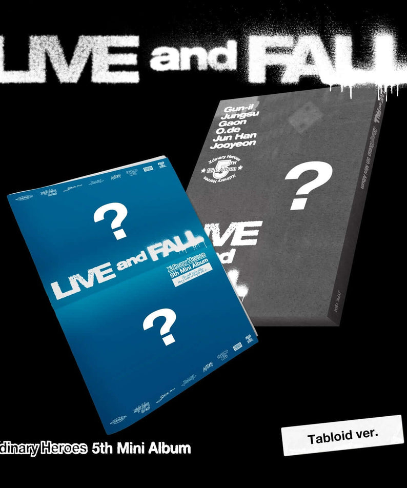 XDINARY HEROES - 5th Album [LIVE and FALL] (Tabloid ver.) - Album Kpop, mini album fanart LIVE/FALL sur fond noir.