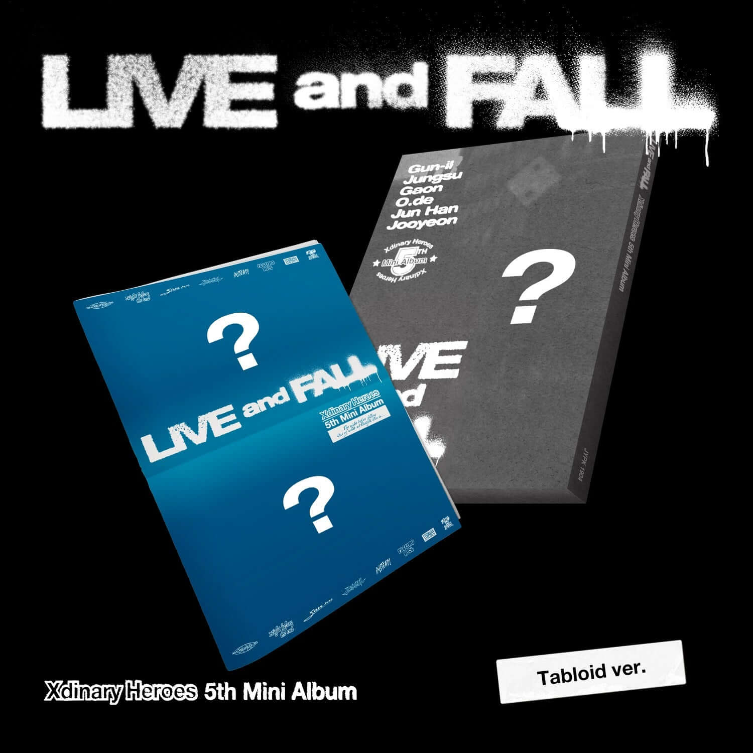 XDINARY HEROES - 5th Album [LIVE and FALL] (Tabloid ver.) - Album Kpop, mini album fanart LIVE/FALL sur fond noir.
