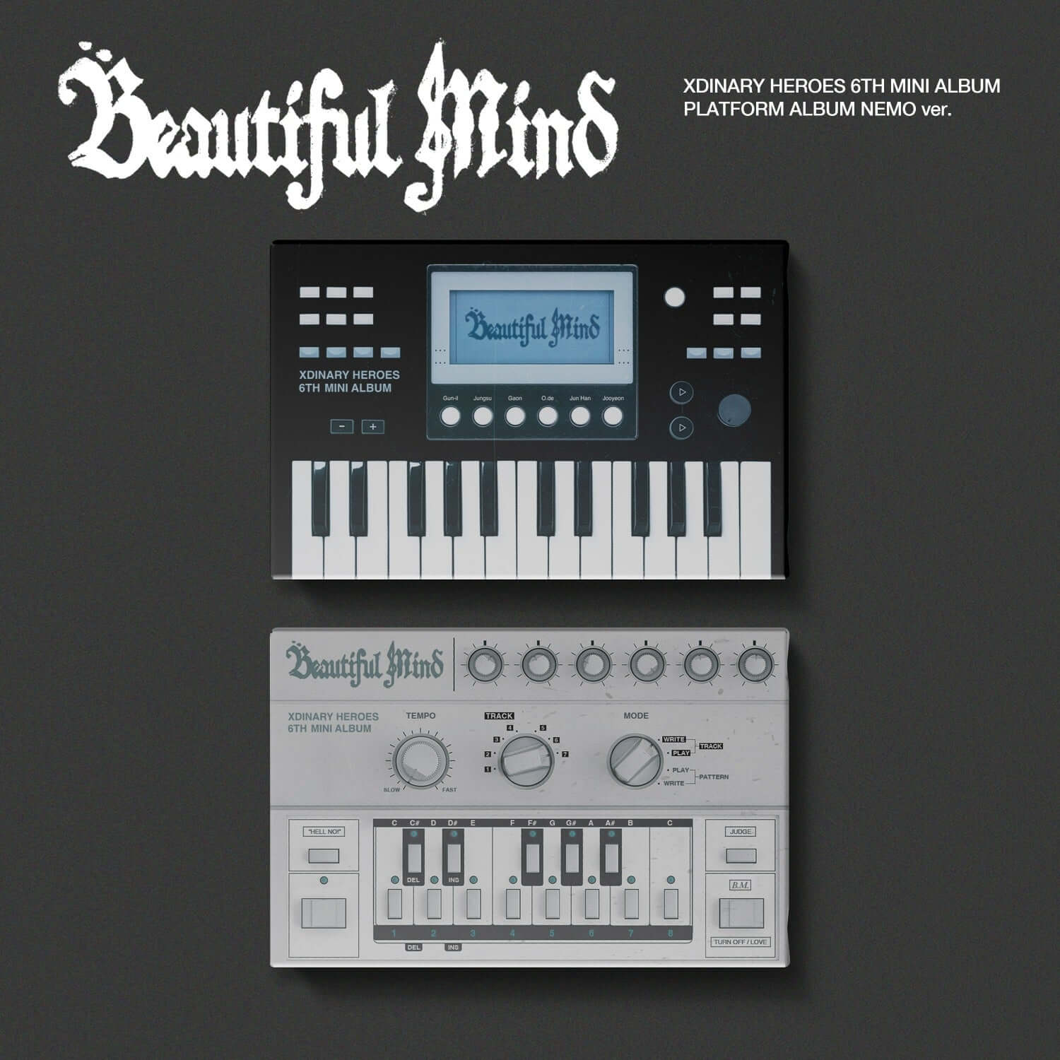 XDINARY HEROES - 6th Album [Beautiful Mind] - Album Kpop, visuel pochette noire avec synthé rétro, texte “Beautiful Mind”