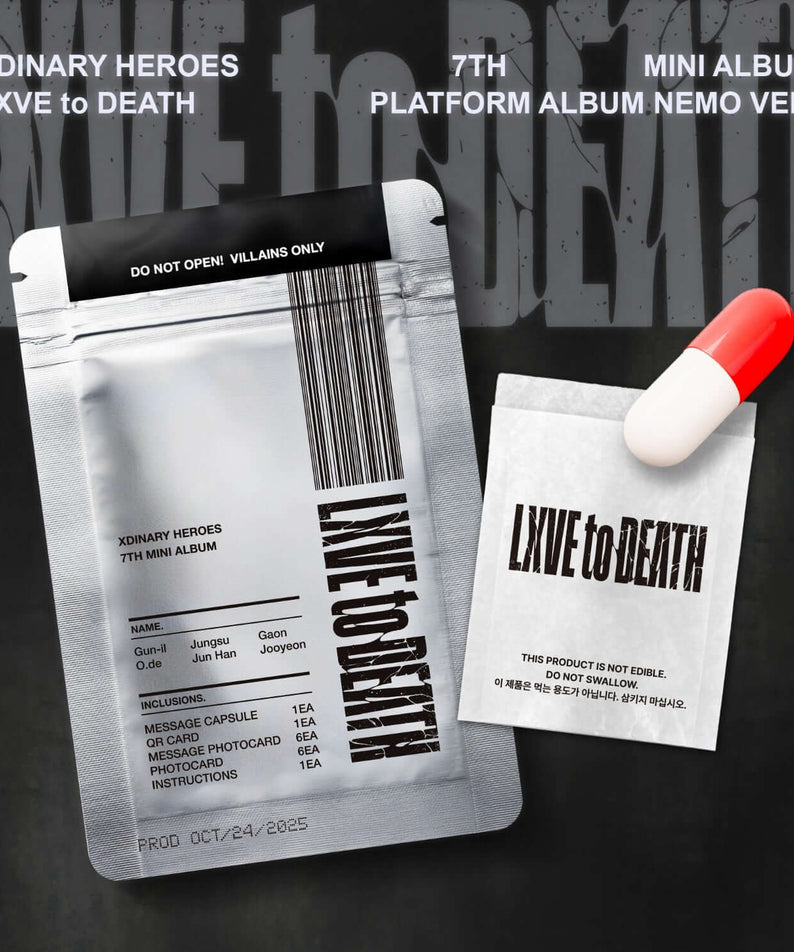XDINARY HEROES - [LXVE to DEATH] - Album Kpop, visuel pack noir avec pilule rouge et mini album sur fond graffiti.