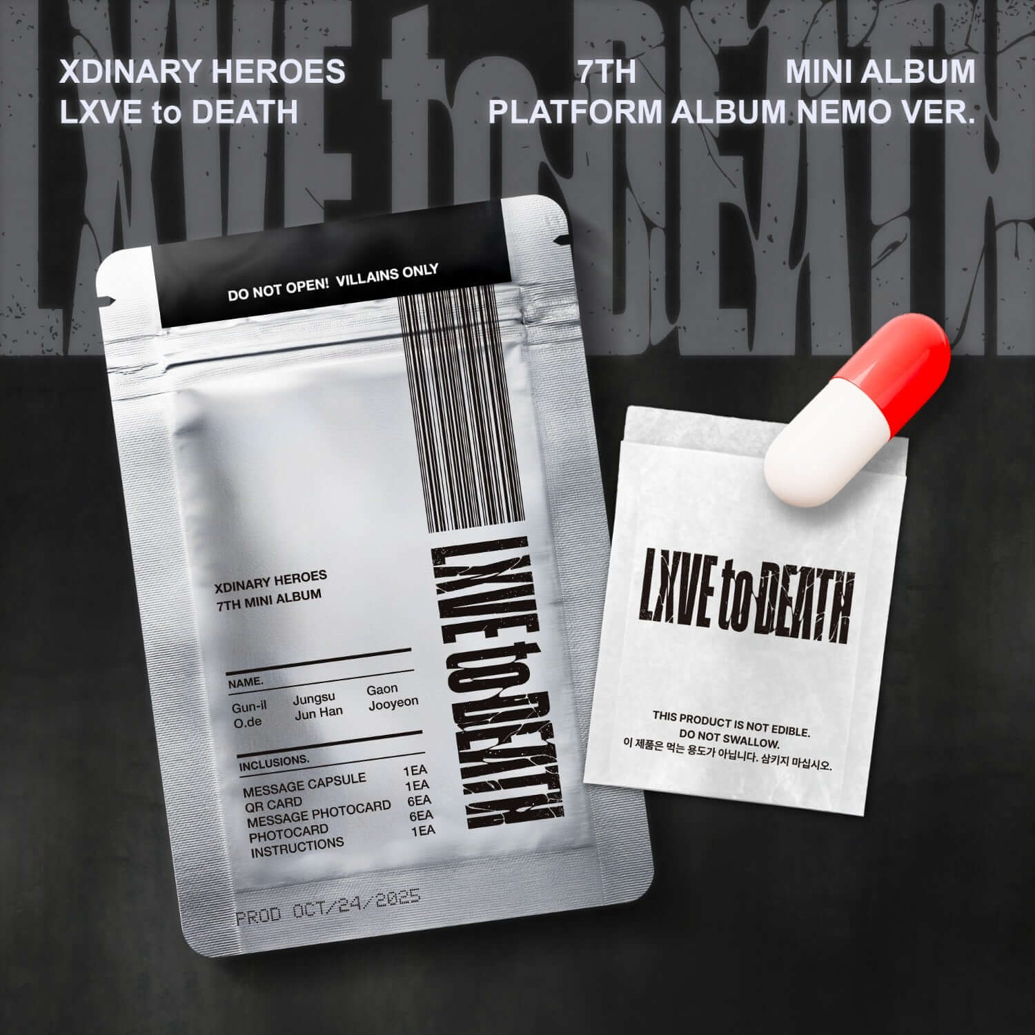 XDINARY HEROES - [LXVE to DEATH] - Album Kpop, visuel pack noir avec pilule rouge et mini album sur fond graffiti.