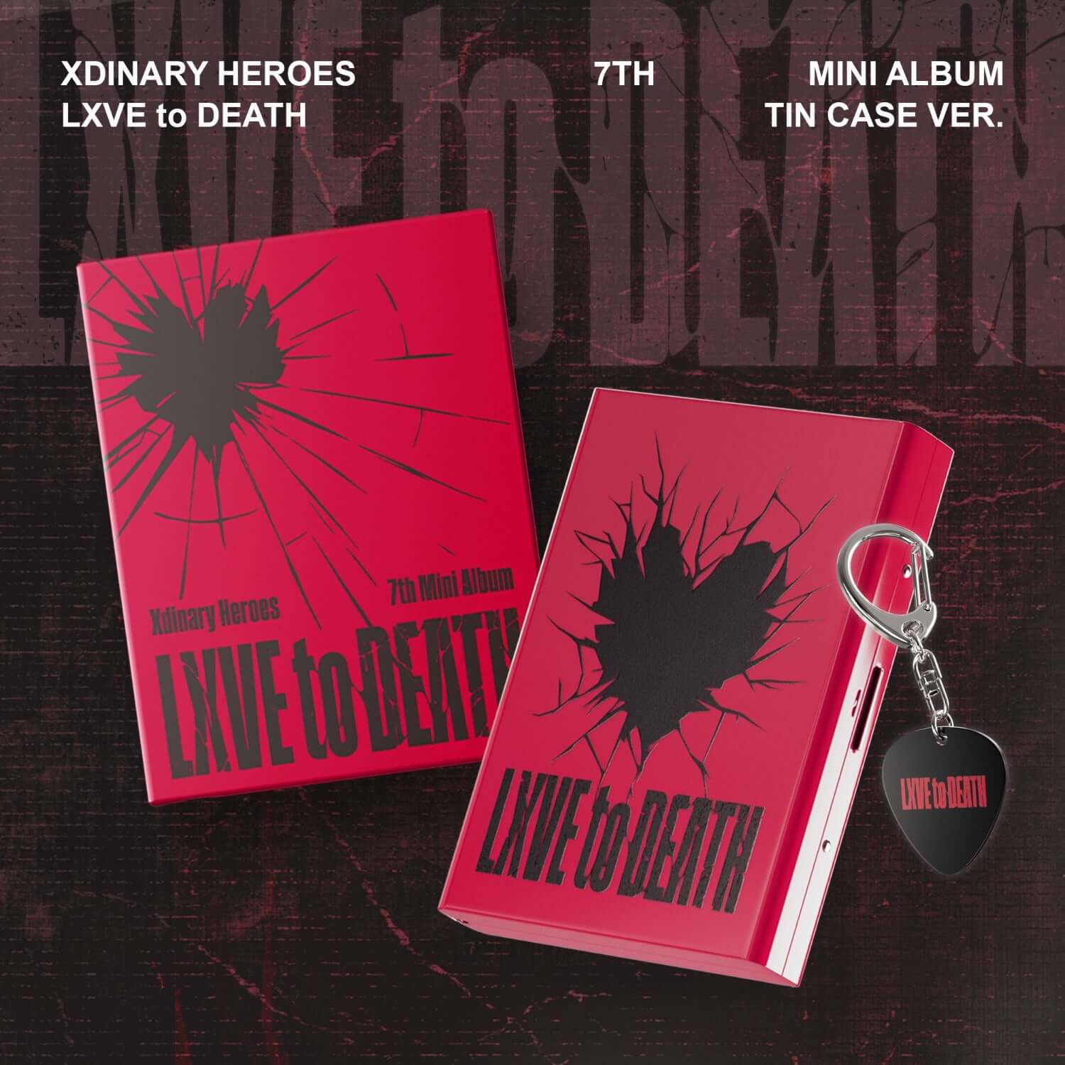 XDINARY HEROES - [LXVE to DEATH] (MD) - Album Kpop : mini album 7th, visuel rouge sur fond sombre, porte-clés inclus.