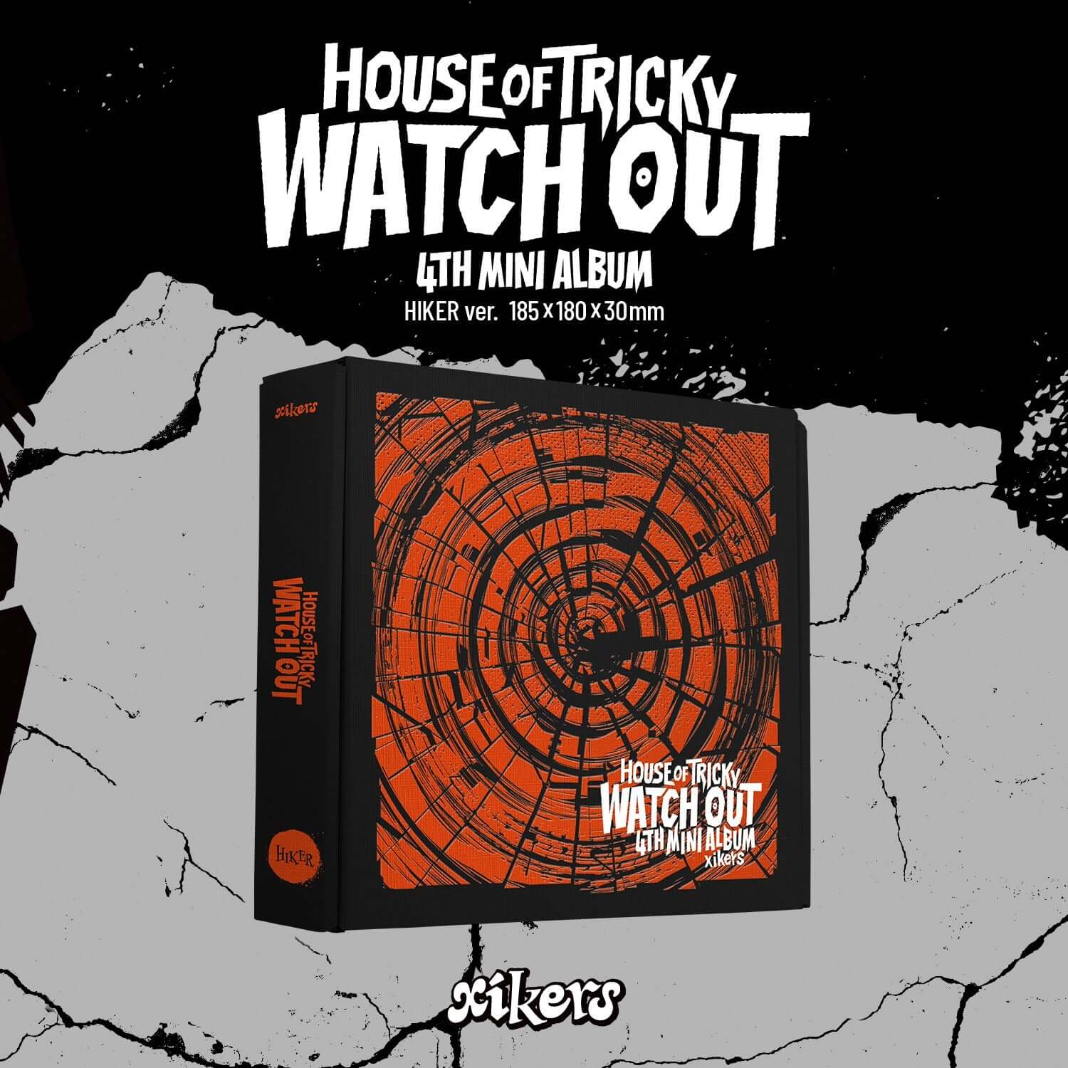 XIKERS - 4TH MINI ALBUM [HOUSE OF TRICKY : WATCH OUT] (HIKER ver.) - Album Kpop, visuel couverture noire/orange