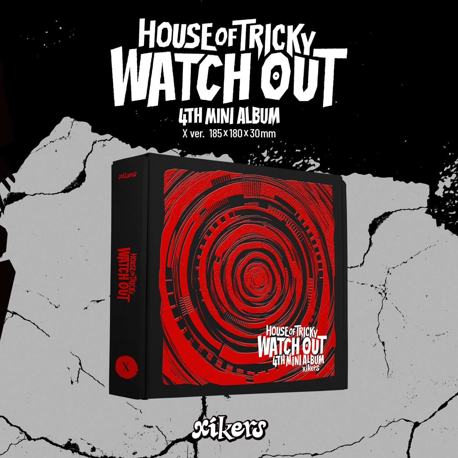 XIKERS - 4TH MINI ALBUM [HOUSE OF TRICKY : WATCH OUT] (X ver.) - Album Kpop, visuel noir et rouge du coffret
