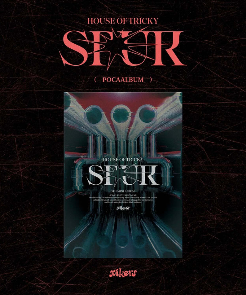 XIKERS - 5TH MINI ALBUM [HOUSE OF TRICKY : SPUR] (POCAALBUM) : pochette Kpop noire/rouge, visuel futuriste et mature.