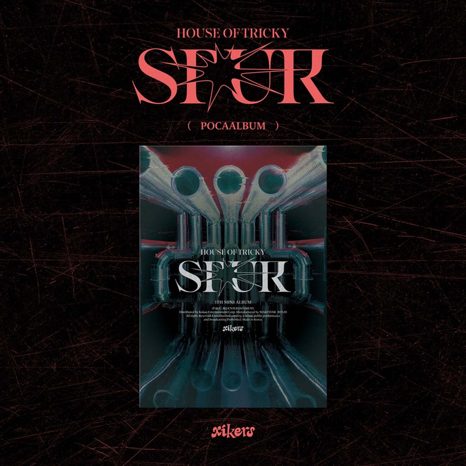 XIKERS - 5TH MINI ALBUM [HOUSE OF TRICKY : SPUR] (POCAALBUM) : pochette Kpop noire/rouge, visuel futuriste et mature.