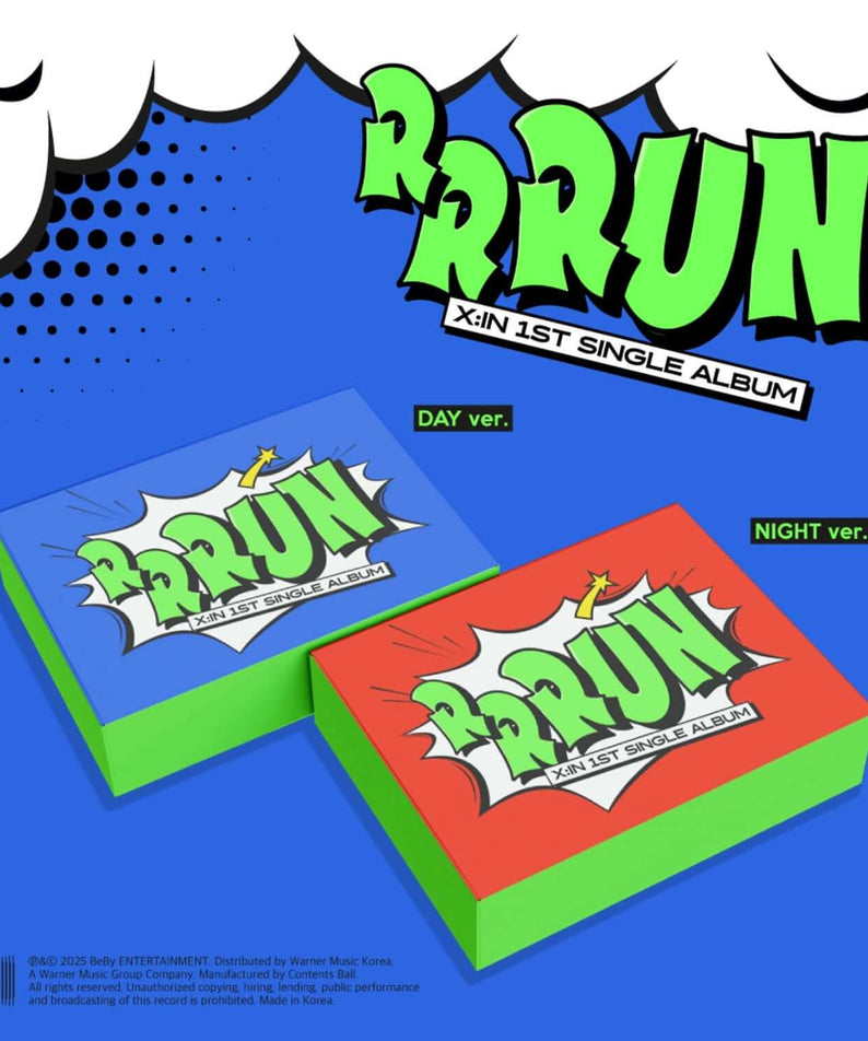 X:IN - [RRRUN] (DAY ver., NIGHT ver.) (Random) - Album Kpop, visuel boîtes vertes et bleues DAY/NIGHT sur fond bleu