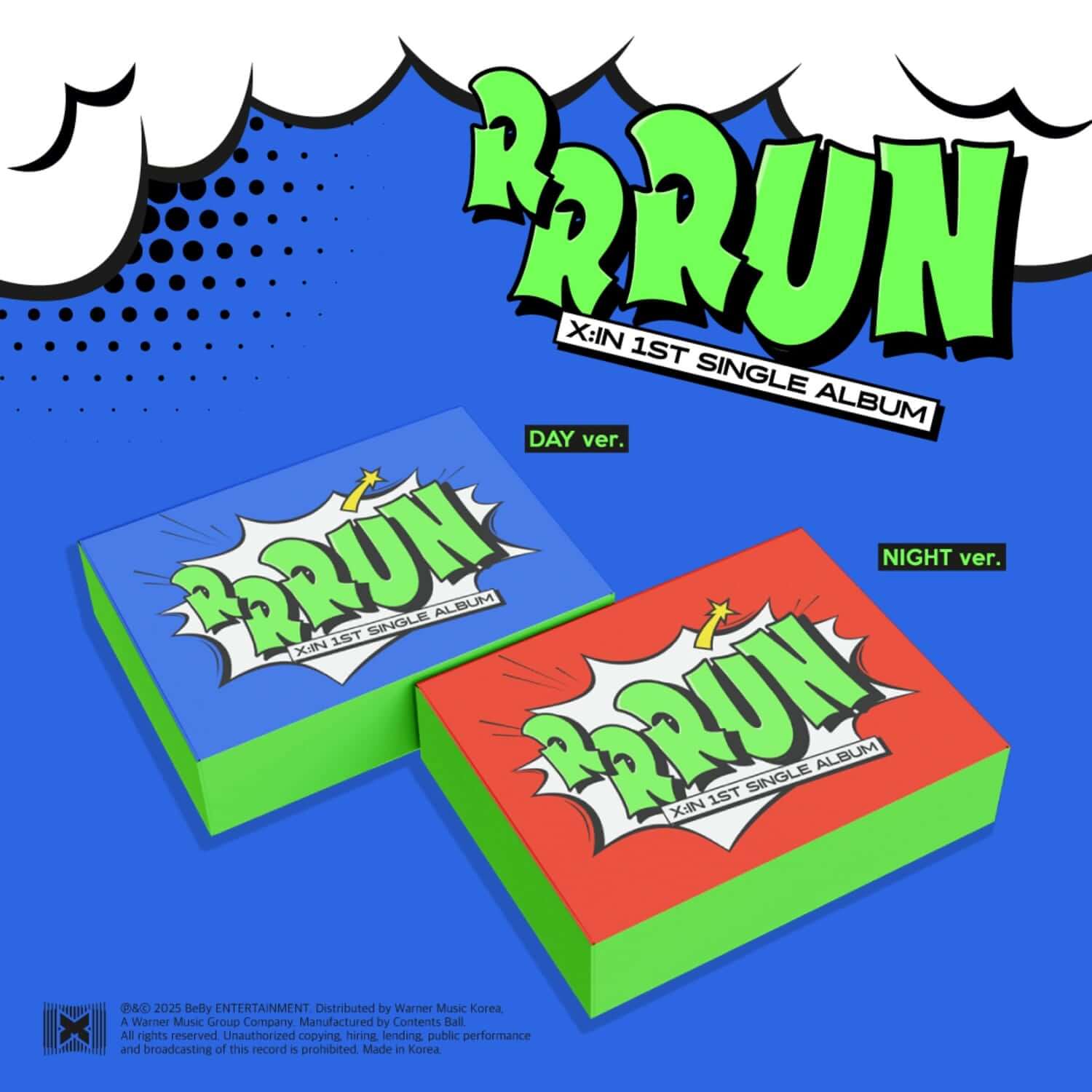 X:IN - [RRRUN] (DAY ver., NIGHT ver.) (Random) - Album Kpop, visuel boîtes vertes et bleues DAY/NIGHT sur fond bleu