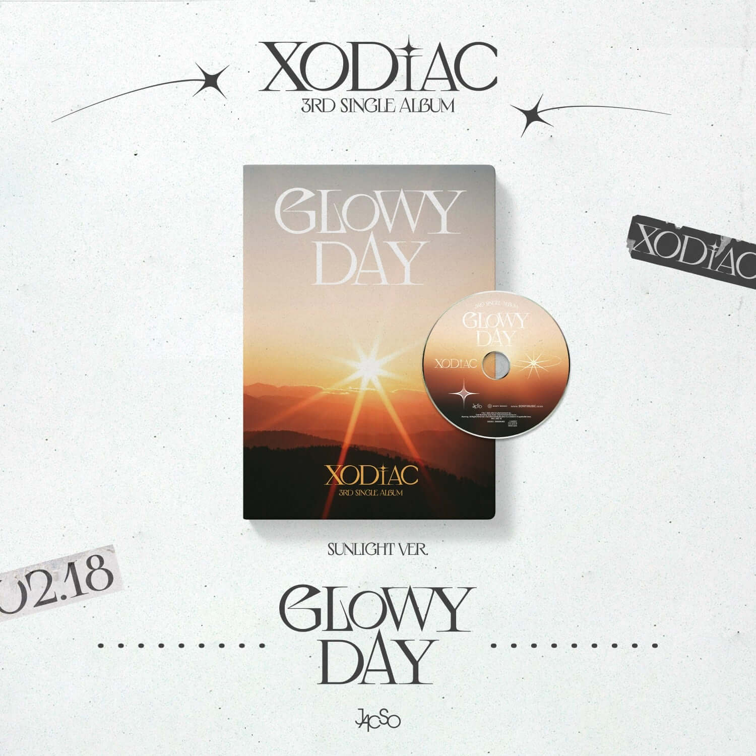 XODIAC - [GLOWY DAY] (SUNLIGHT Ver.) - Album Kpop, pochette avec soleil et disque lumineux sur fond blanc