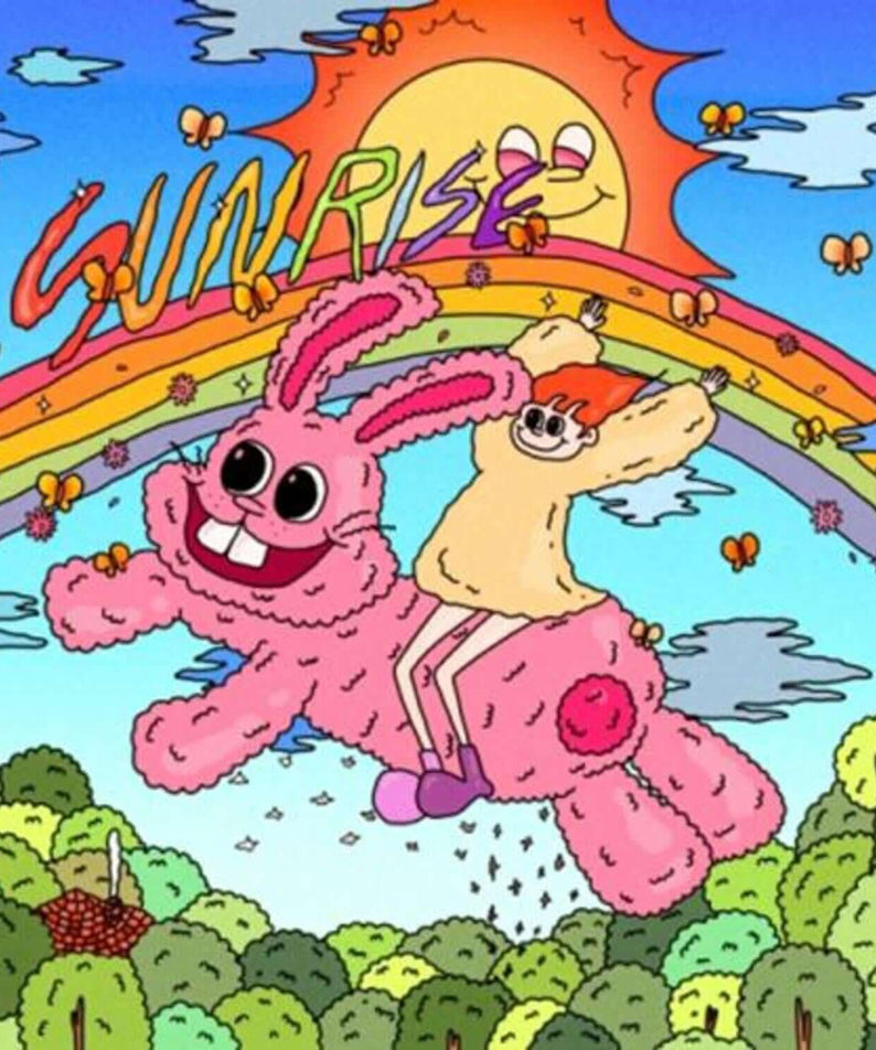 YEYEBEEN - [SUNRISE] EP - Album Kpop, couverture illustrée avec lapin rose et soleil arc-en-ciel, style pop K-beat