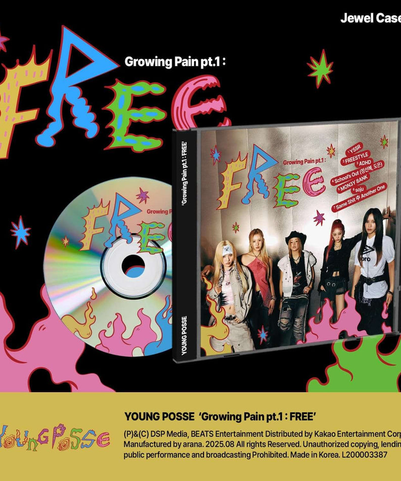 YOUNG POSSE - EP [Growing Pain pt.1 : FREE] (Jewel Case Ver.) - Album Kpop : boîtier jewel case et CD, visuel pop noir.