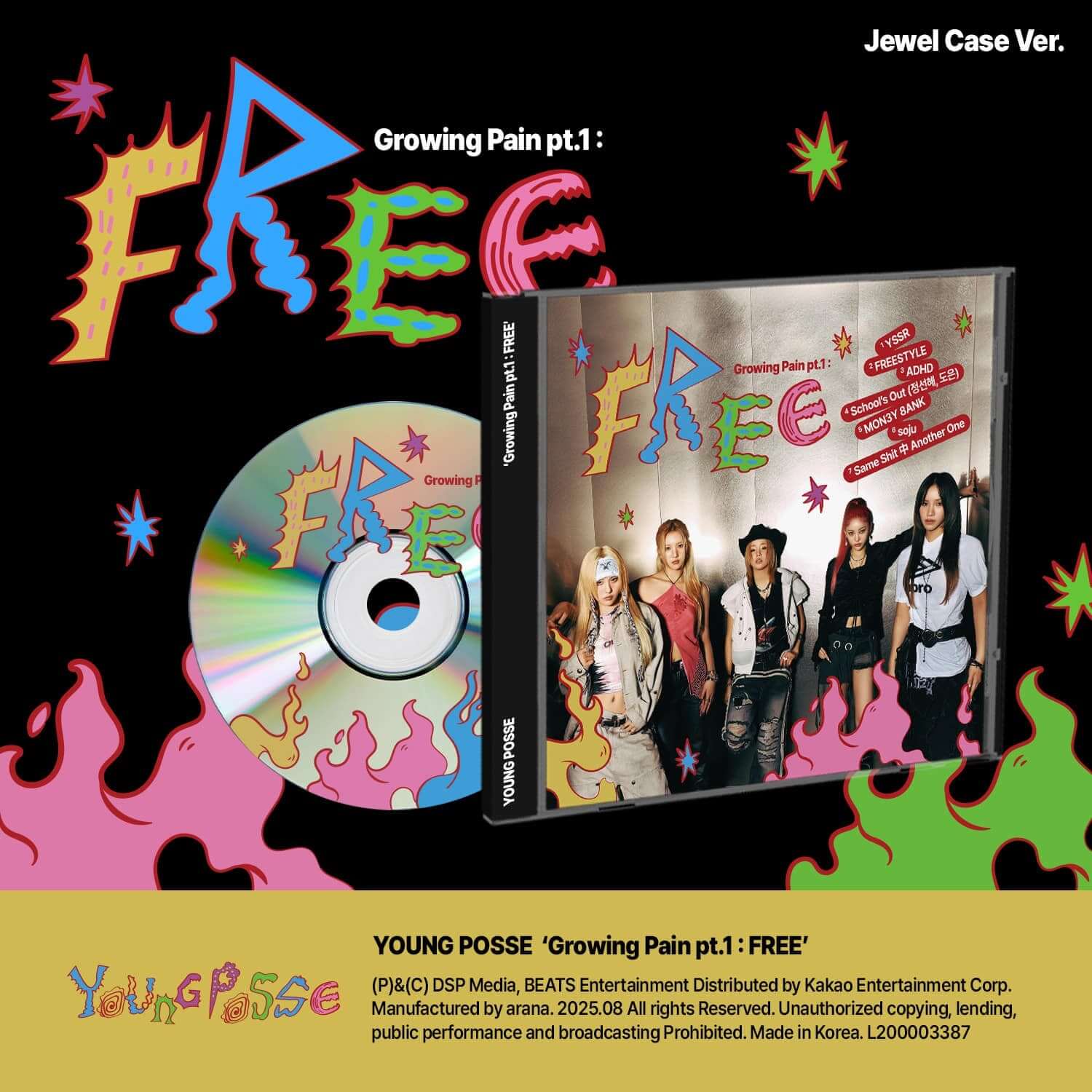 YOUNG POSSE - EP [Growing Pain pt.1 : FREE] (Jewel Case Ver.) - Album Kpop : boîtier jewel case et CD, visuel pop noir.
