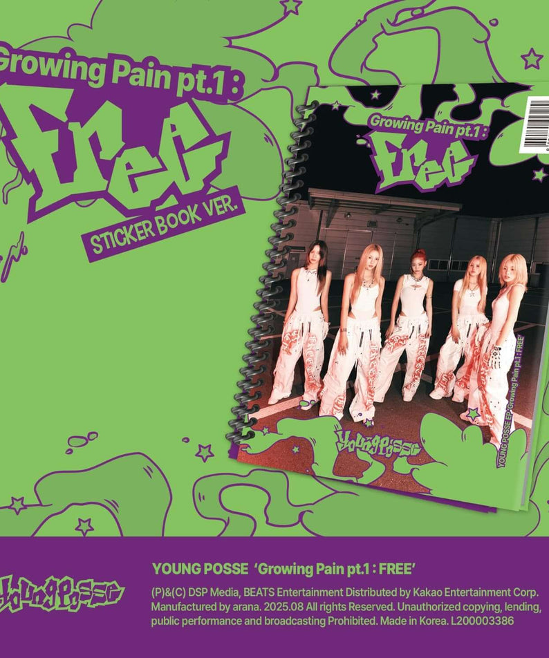 YOUNG POSSE - EP [Growing Pain pt.1 : FREE] (Sticker Book Ver.) - Album Kpop : couverture sticker vert, photos du groupe