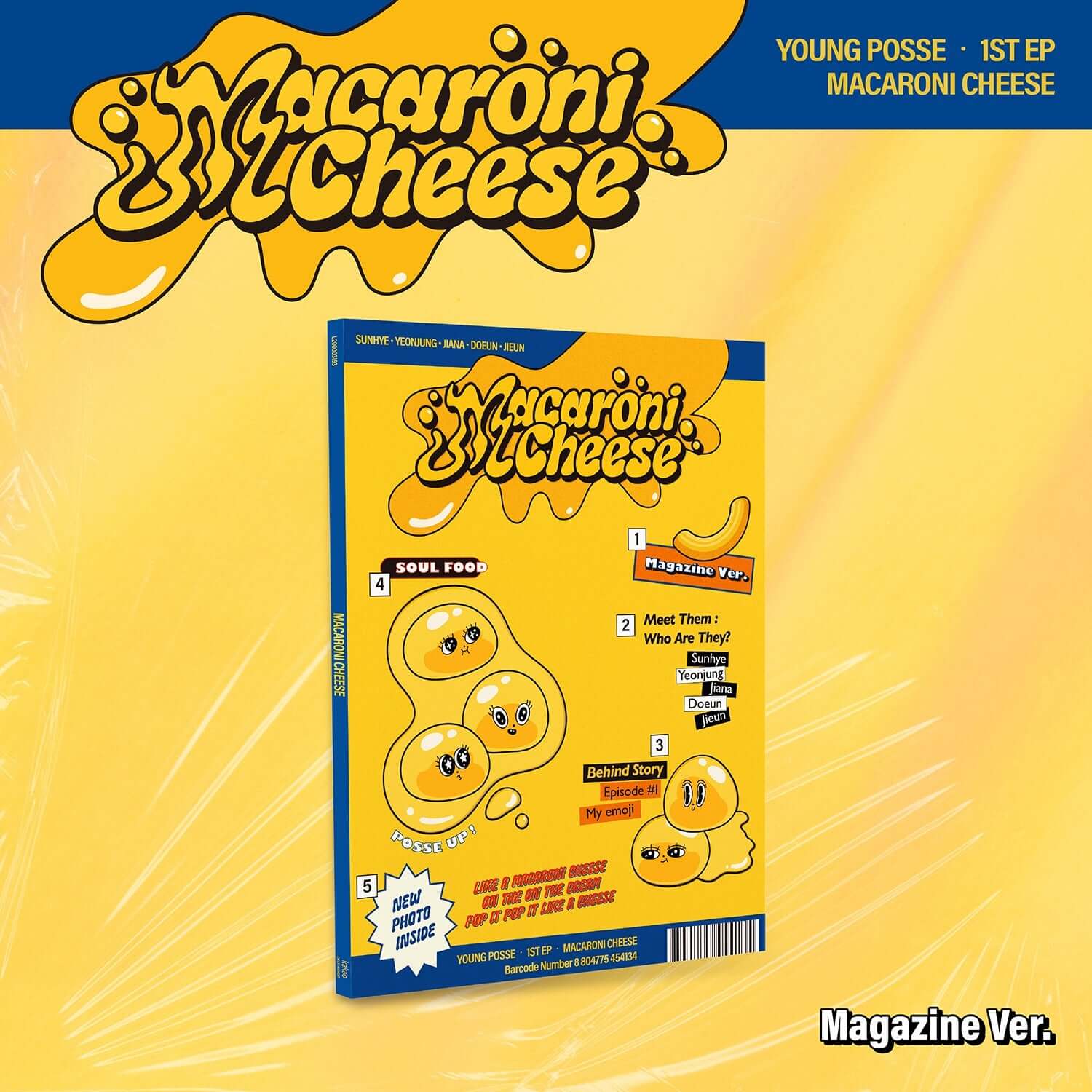 YOUNG POSSE - EP [MACARONI CHEESE] (Magazine Ver.) - Album Kpop, pochette jaune style magazine avec logo et tracklist