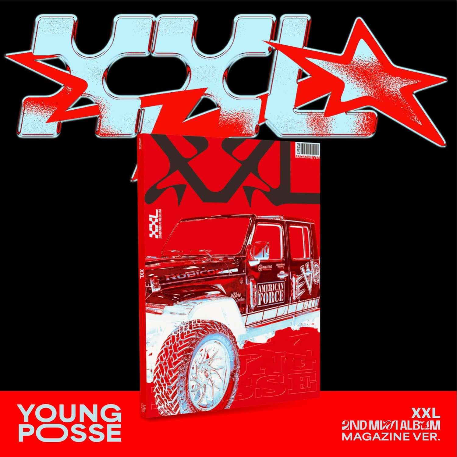 YOUNG POSSE - EP [XXL] (Magazine Ver.) - Album Kpop : cover magazine Young Posse rouge/noir avec voiture stylisée et étoiles
