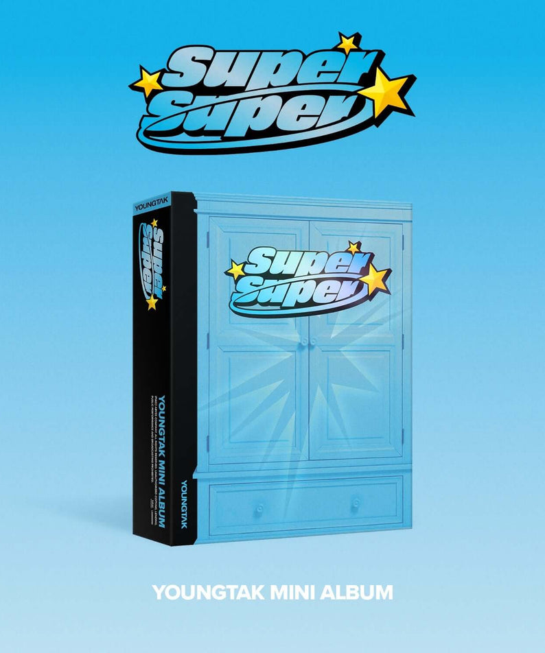 YOUNG TAK - [SuperSuper] - Album Kpop, pack mini album avec visuel SuperSuper sur fond bleu ciel, marque YOUNGTAK