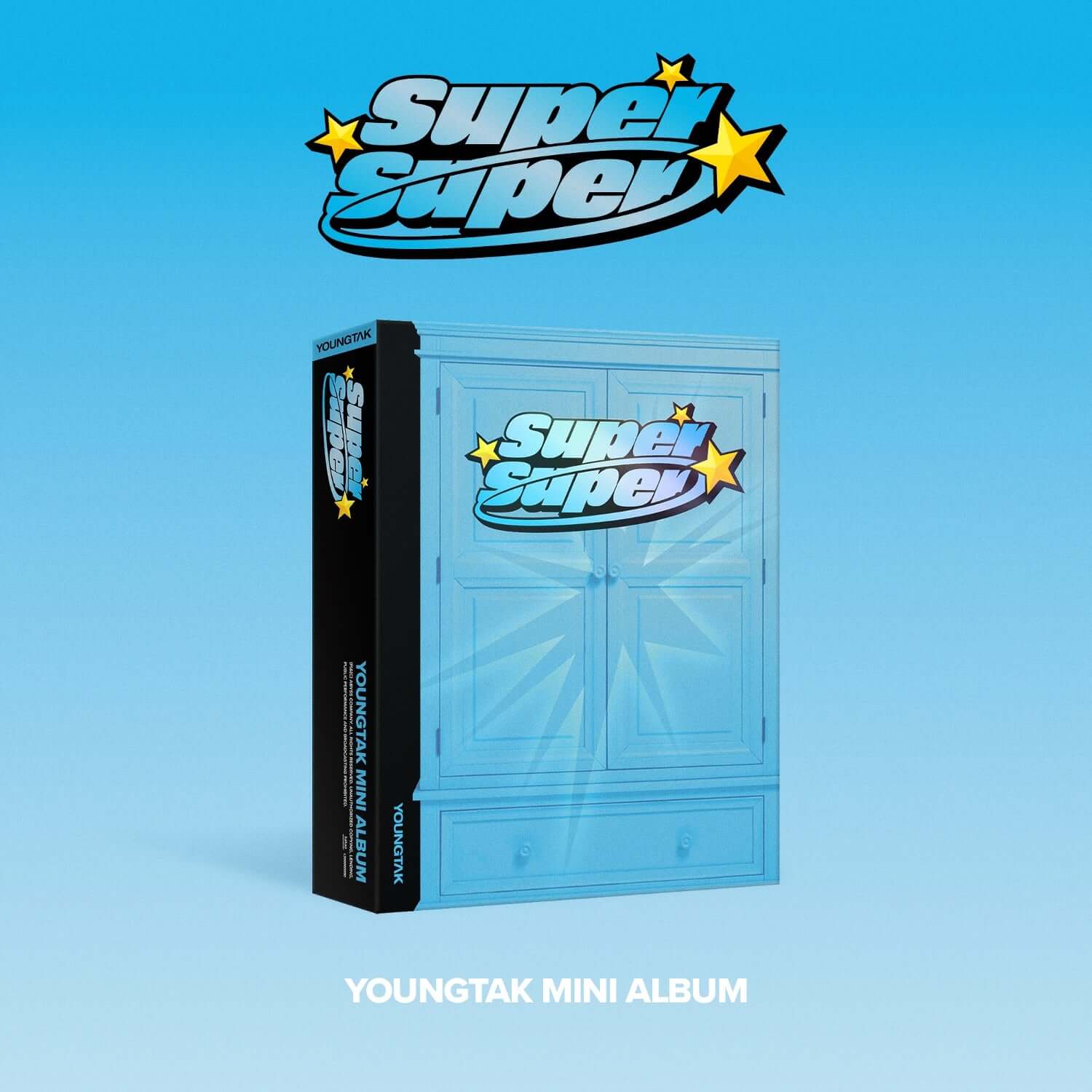 YOUNG TAK - [SuperSuper] - Album Kpop, pack mini album avec visuel SuperSuper sur fond bleu ciel, marque YOUNGTAK