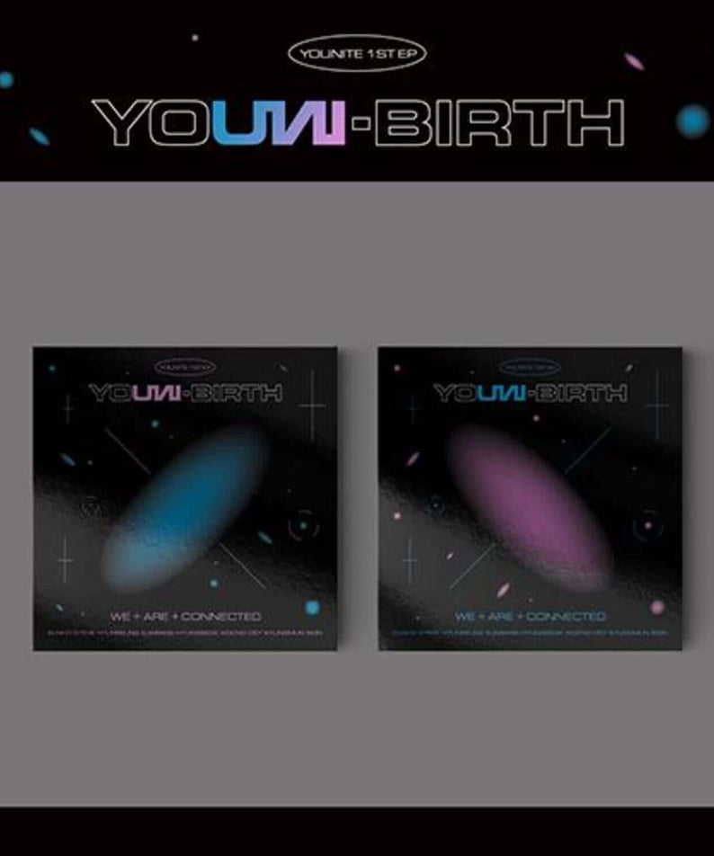 YOUNITE - 1ST EP [YOUNI-BIRTH] (2 SET) - Album Kpop : coffret 2 versions sur fond sombre, visuel futuriste.