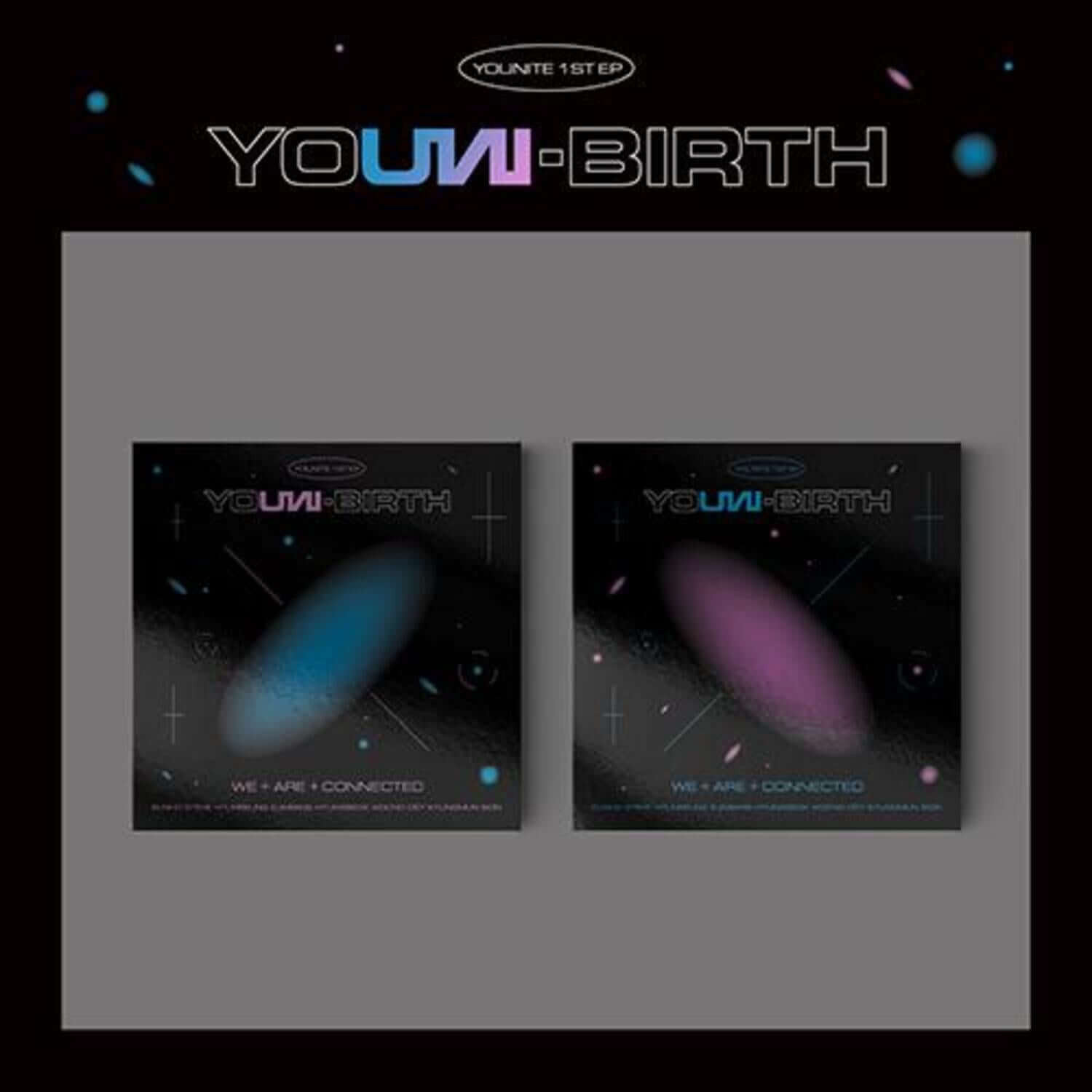 YOUNITE - 1ST EP [YOUNI-BIRTH] (2 SET) - Album Kpop : coffret 2 versions sur fond sombre, visuel futuriste.