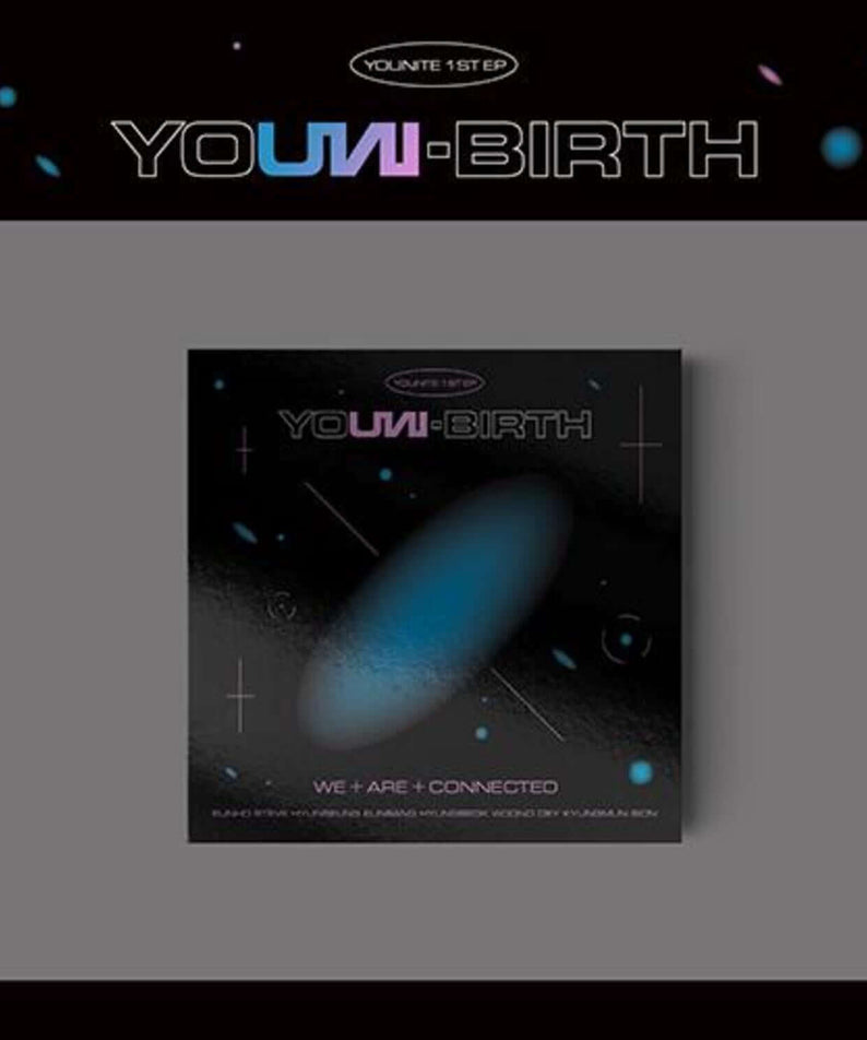 YOUNITE - 1ST EP [YOUNI-BIRTH] (KARMAN Ver.) - Album Kpop, pochette noire bleue sur fond sombre.