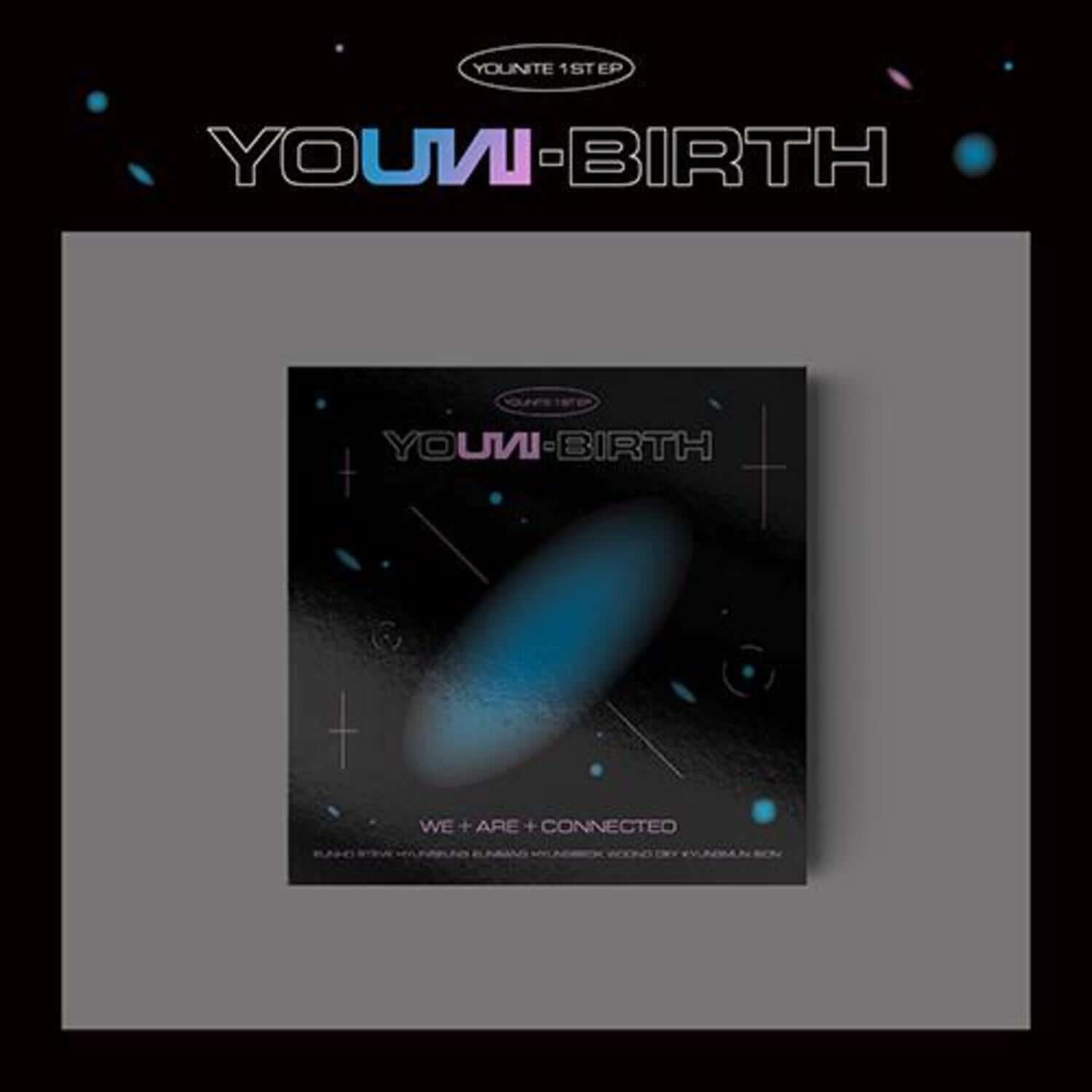 YOUNITE - 1ST EP [YOUNI-BIRTH] (KARMAN Ver.) - Album Kpop, pochette noire bleue sur fond sombre.