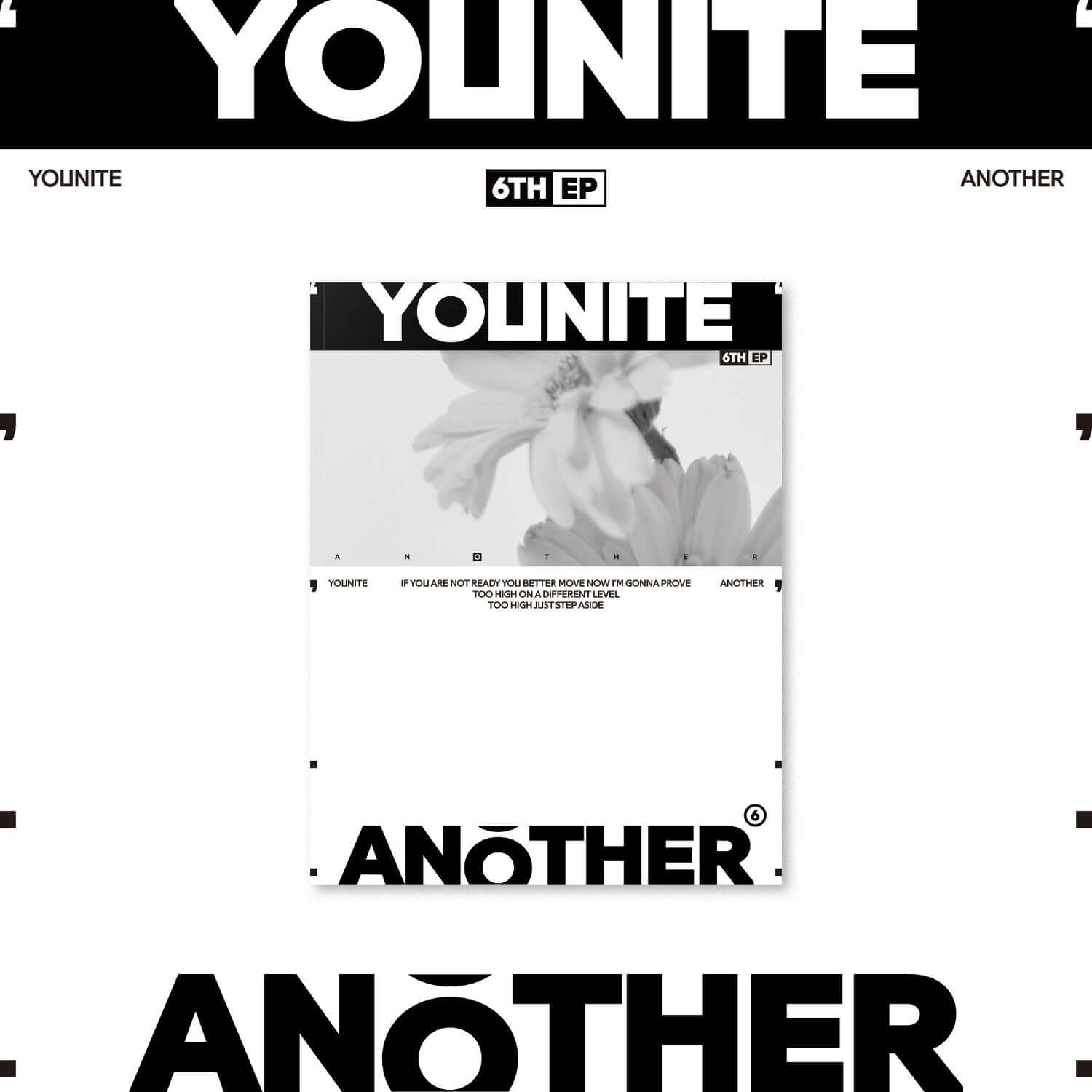 YOUNITE - 6TH EP [ANOTHER] (BLOOM Ver.) - Album Kpop : pochette blanche “ANOTHER” avec fleurs, style monochrome.
