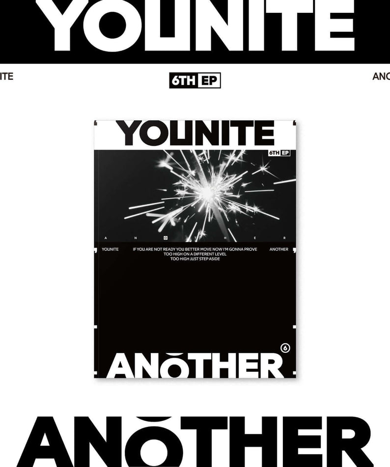 YOUNITE - 6TH EP [ANOTHER] (FLARE Ver.) - Album Kpop, couverture noire éclat flares, marque YOUNITE en gros plan.