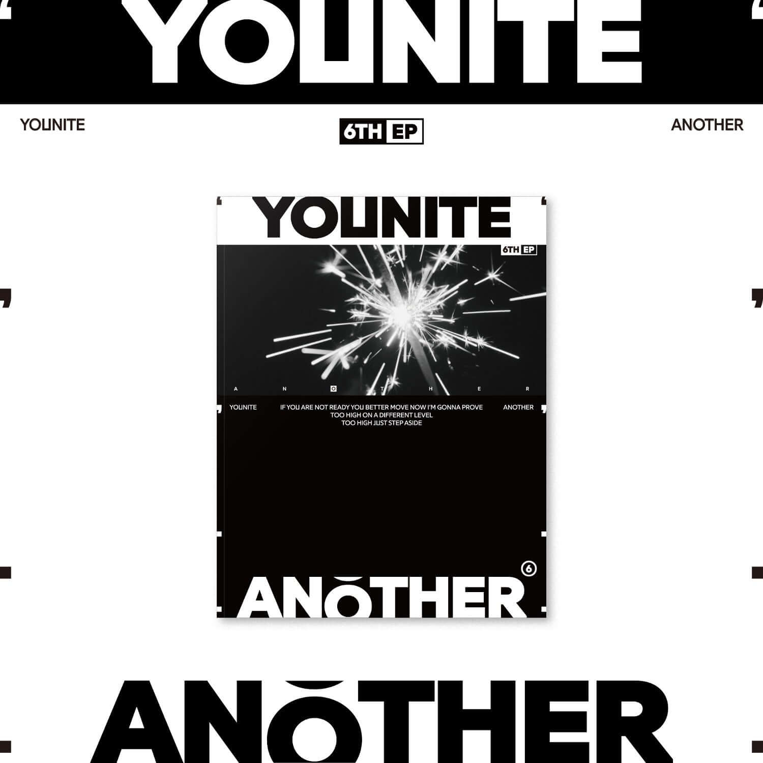 YOUNITE - 6TH EP [ANOTHER] (FLARE Ver.) - Album Kpop, couverture noire éclat flares, marque YOUNITE en gros plan.