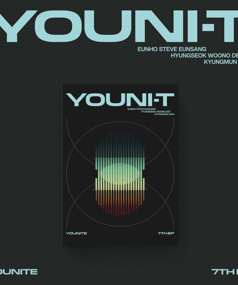 YOUNITE - 7th Album [YOUNI-T] (POCAALBUM) (Utopia Ver.) - Album Kpop, jaquette YOUNITE avec design futuriste vert/bleu