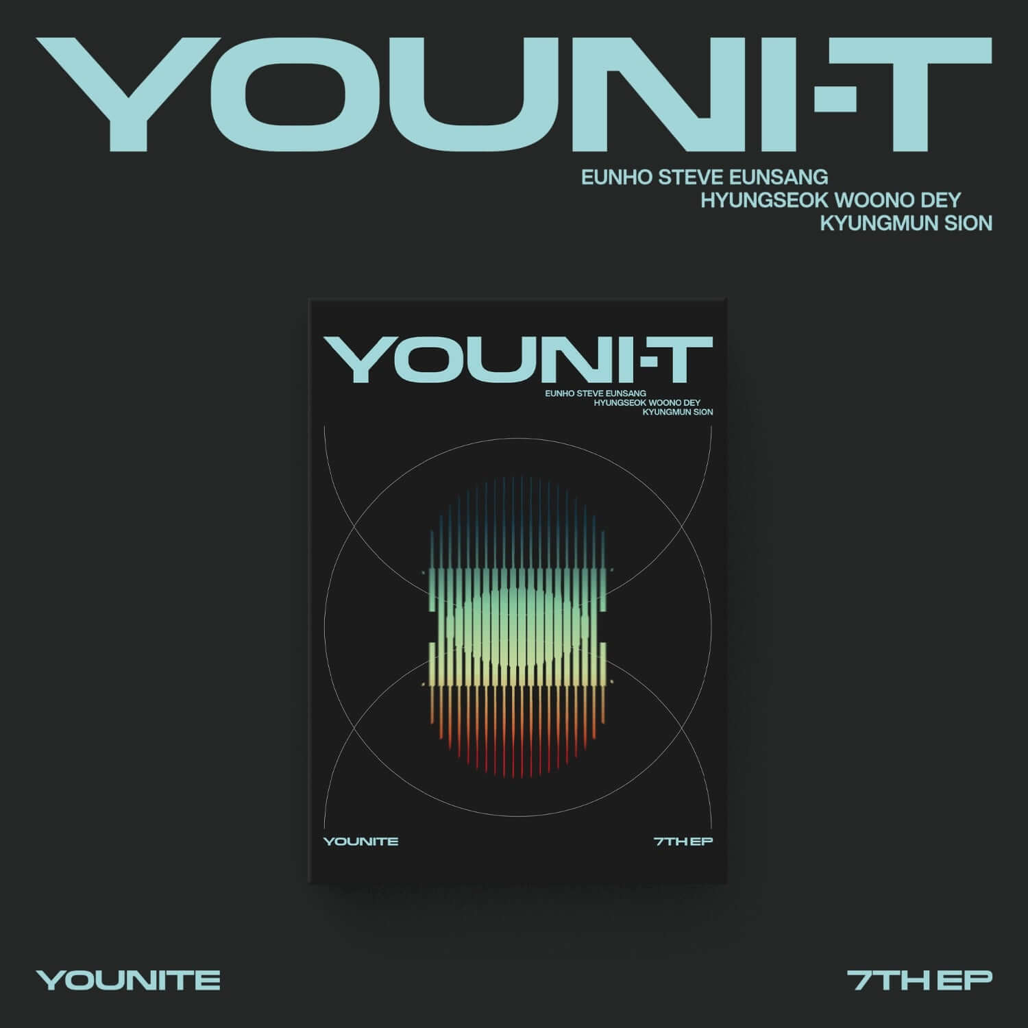 YOUNITE - 7th Album [YOUNI-T] (POCAALBUM) (Utopia Ver.) - Album Kpop, jaquette YOUNITE avec design futuriste vert/bleu