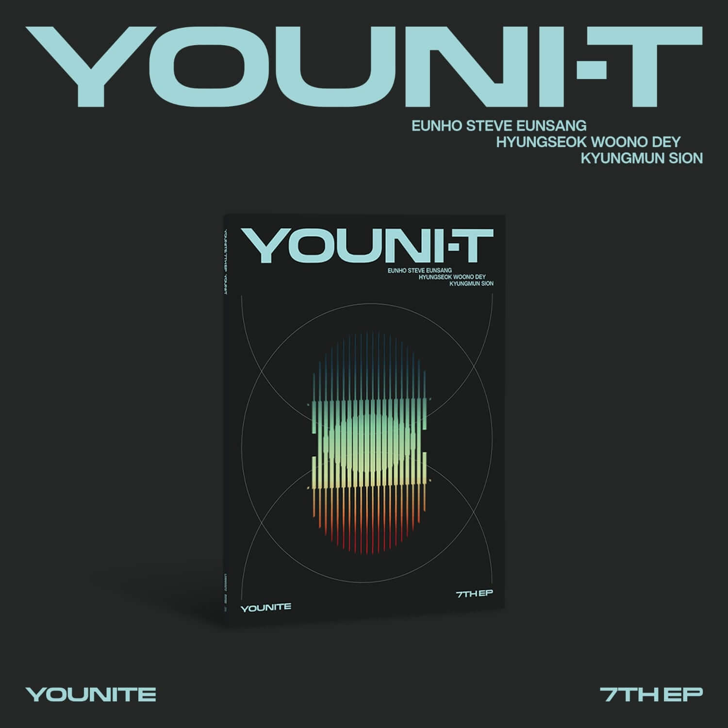YOUNITE - 7th Album [YOUNI-T] (Utopia Ver.) - Album Kpop : pochette YOUNITE sur fond noir, design futuriste et couleurs teal.
