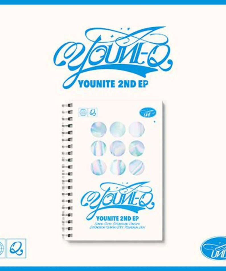 YOUNITE - YOUNITE 2ND EP [YOUNI-Q] (Q1 VER.) - Album Kpop : cover YOUNITE en spirale sur fond bleu clair