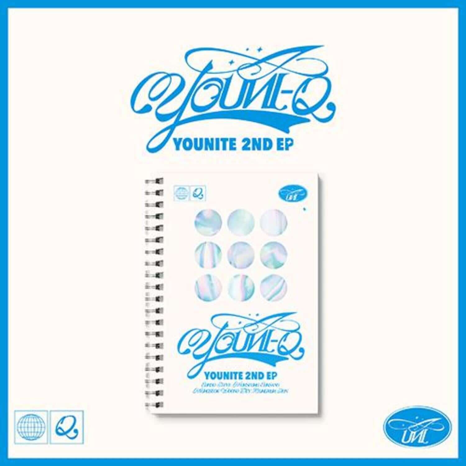 YOUNITE - YOUNITE 2ND EP [YOUNI-Q] (Q1 VER.) - Album Kpop : cover YOUNITE en spirale sur fond bleu clair