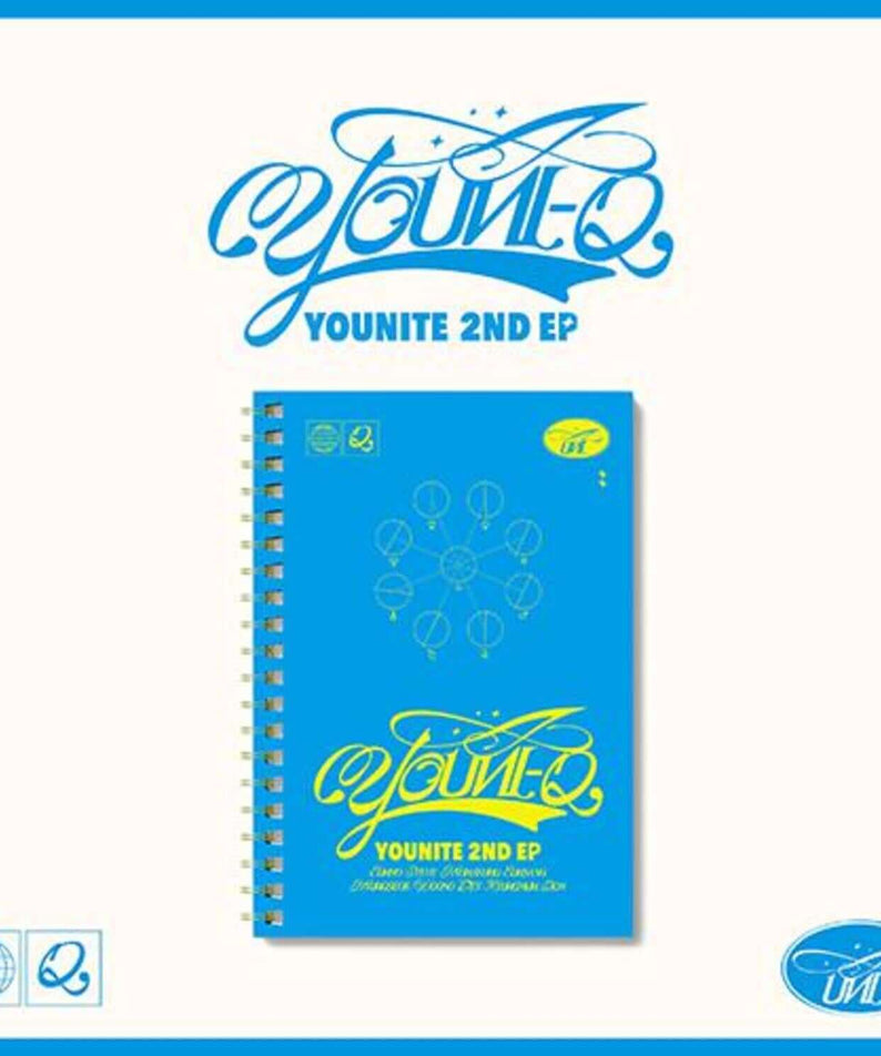 YOUNITE - YOUNITE 2ND EP [YOUNI-Q] (Q2 VER.) - Album Kpop, pochette YOUNITE sur fond bleu, visuel K-pop