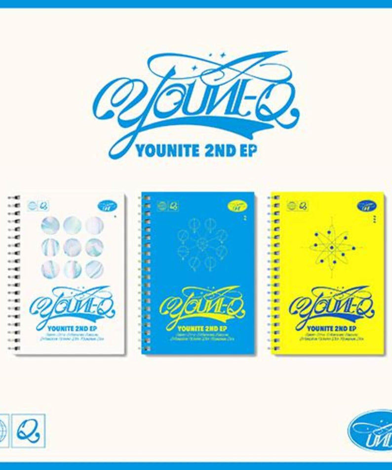YOUNITE - YOUNITE 2ND EP [YOUNI-Q] (SET) - Album Kpop de YOUNITE : coffret complet, visuels bleus et jaunes sur fond clair.