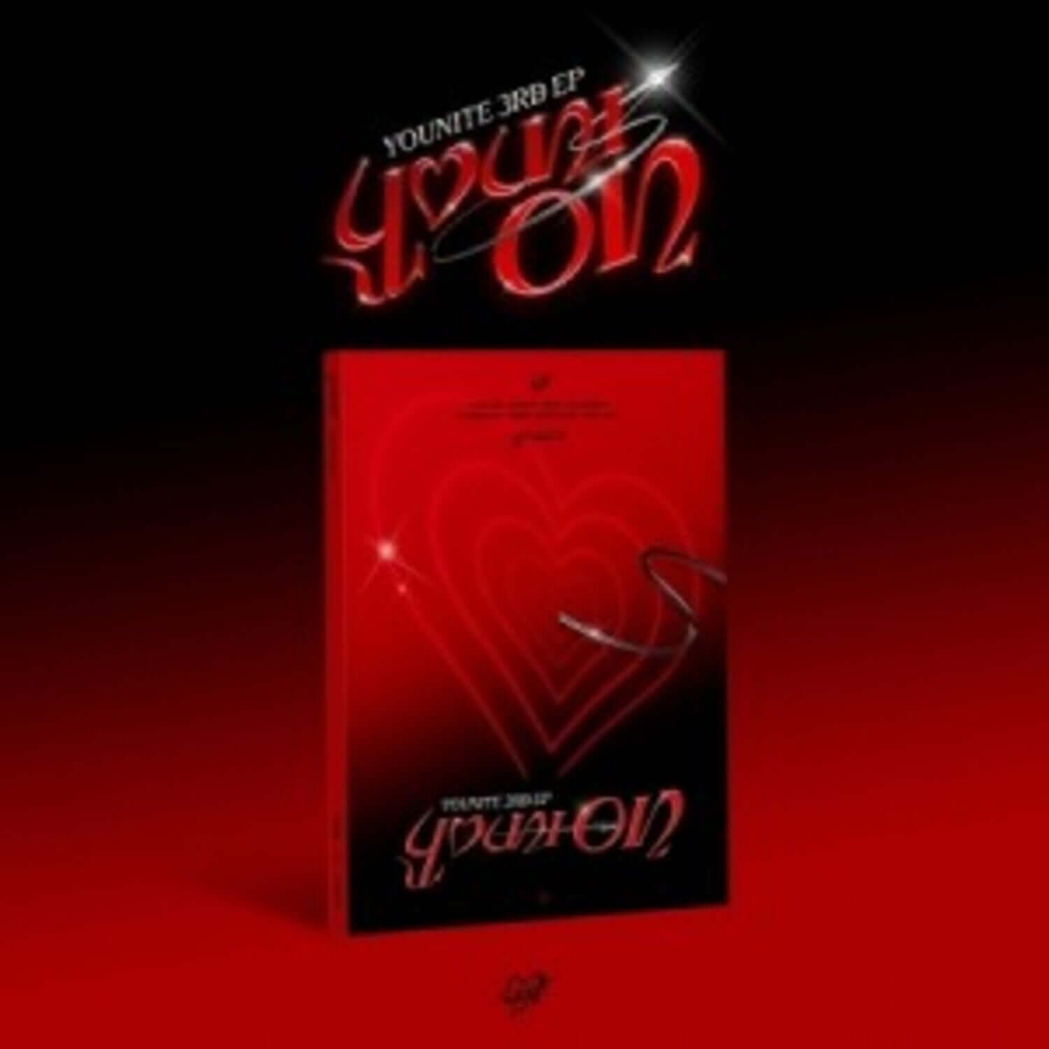 YOUNITE - YOUNITE 3RD EP [YOUNI-ON] (PHOTOBOOK VER.) (RED ON VER.) - Album Kpop, pochette rouge style neon, fond sombre.