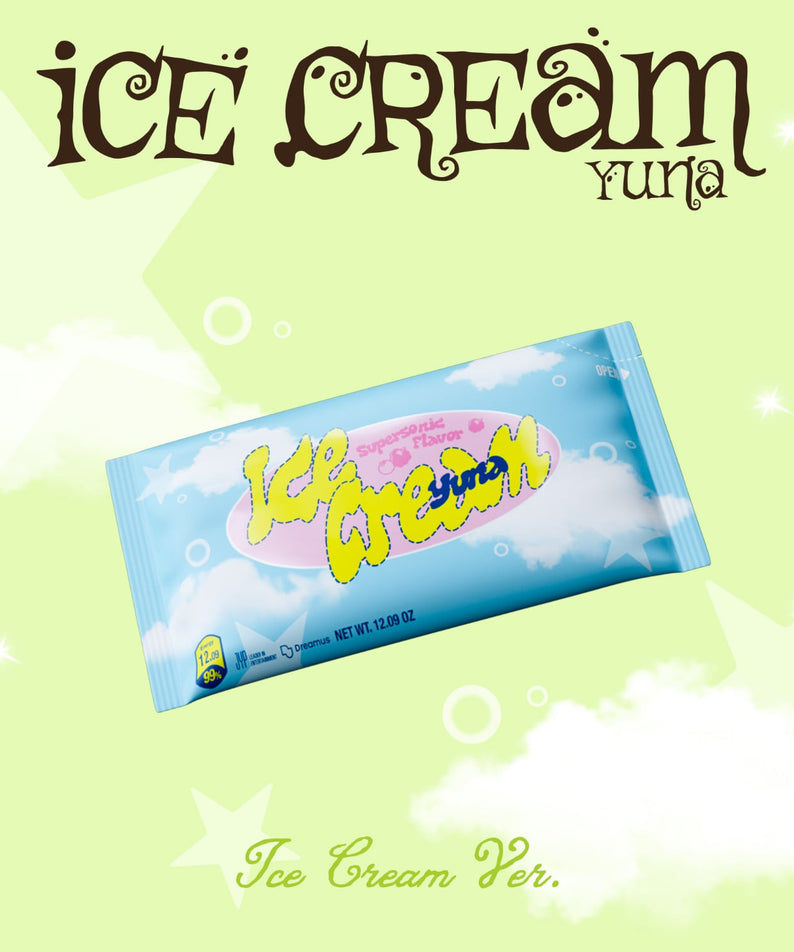 YUNA (ITZY) - [Ice Cream] (Ice Cream Ver.) - Album Kpop, packaging glace bleu sur fond pastel vert
