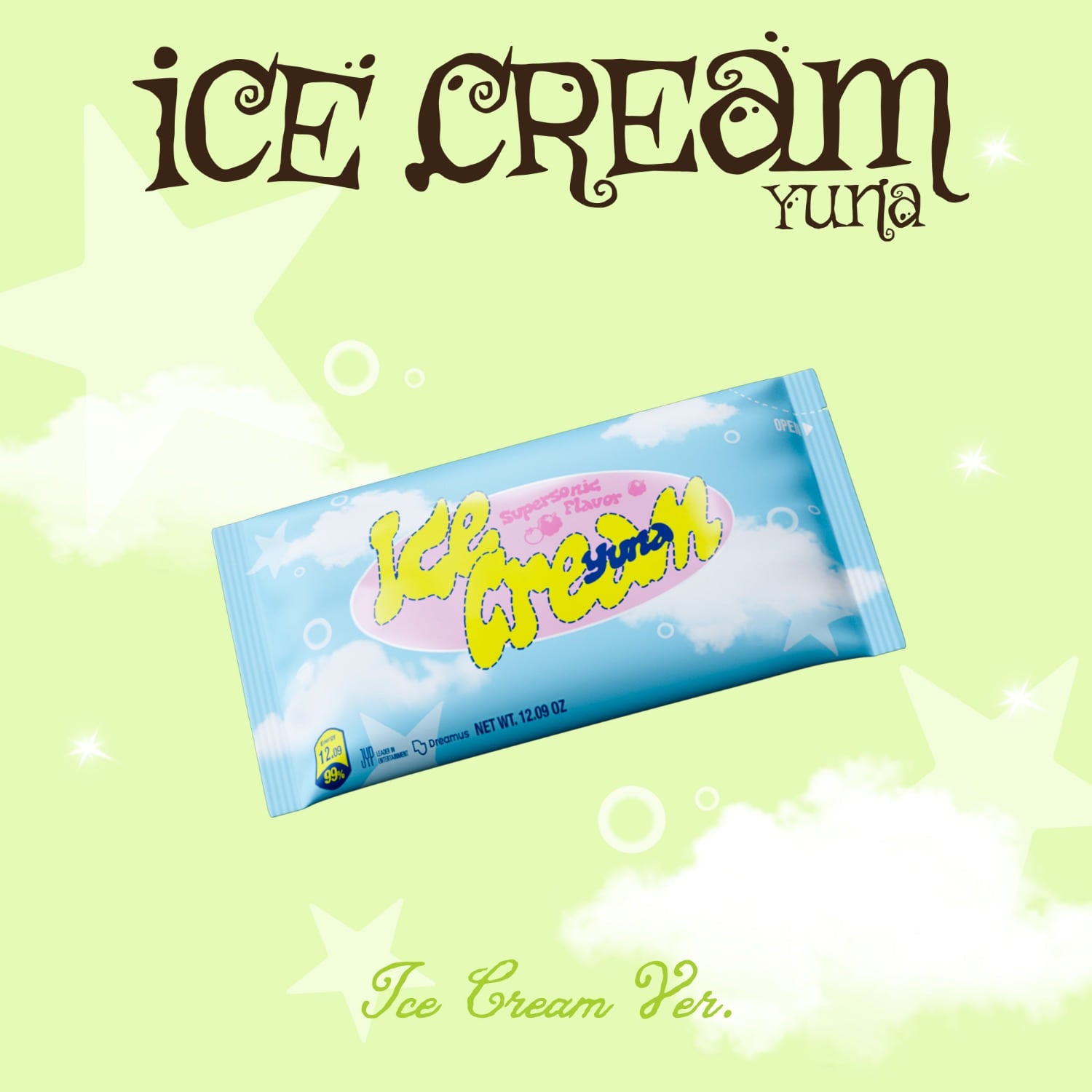 YUNA (ITZY) - [Ice Cream] (Ice Cream Ver.) - Album Kpop, packaging glace bleu sur fond pastel vert