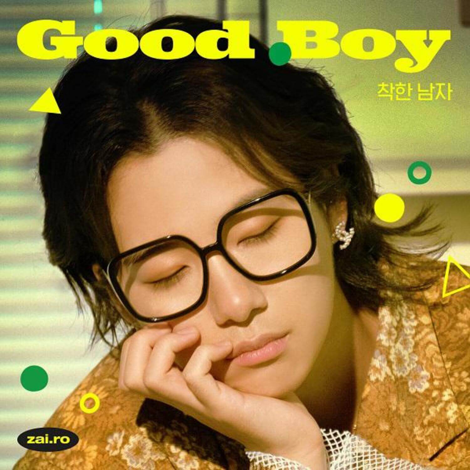 ZAI.RO - Album Kpop ZAI.RO, couverture Good Boy avec portrait lunettes, style Kpop sur fond décoratif vert
