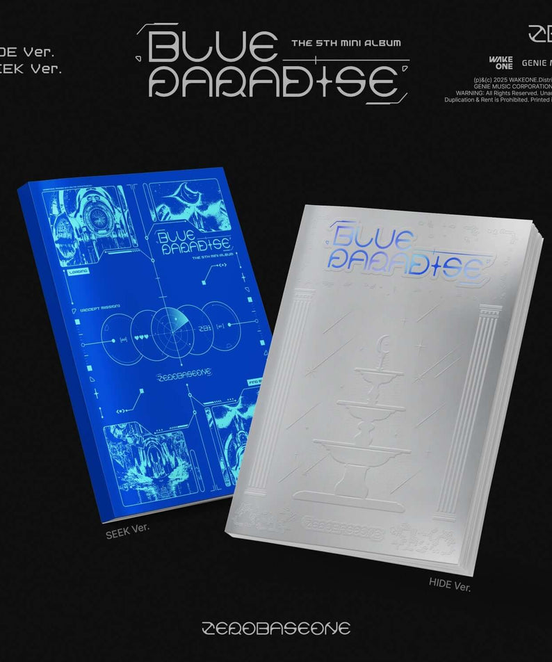 ZEROBASEONE - 5th Album [BLUE PARADISE] (SEEK Ver./HIDE Ver.) (Random) - Album Kpop : pochettes bleue et blanche sur fond noir.